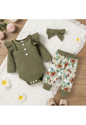 Baby Girl 3pcs Ribbed Rose Floral Print Long Sleeve Romper Set