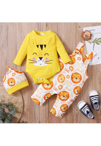 3-piece Baby Boy/Girl Lion Pattern Ribbed Long-sleeve Romper, Overalls and Cap Set