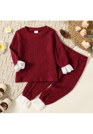 2-piece Toddler Girl Cable Knit Textured Schiffy Cuff Long-sleeve Top and Burgundy Elasticized Pants Set