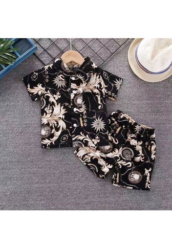 2pcs Toddler Boy 100% Cotton Boho Floral Print Lapel Collar Shirt and Shorts Set