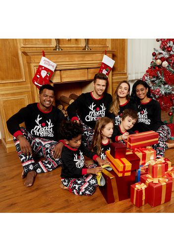 Family Matching Christmas Antler Top and Reindeer Print Pants Pajamas Sets (Flame Resistant)