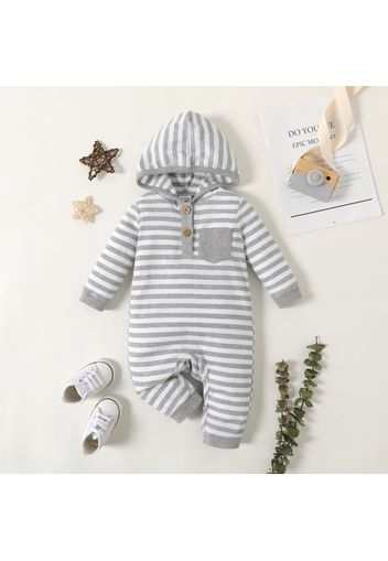 Baby Boy Button Front Striped Rib Knit Long-sleeve Hooded Jumpsuit