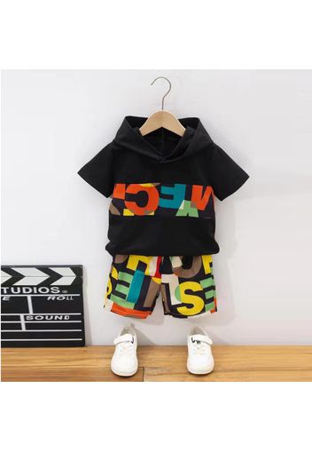 2-piece Toddler Boy Colorful Letter Print Short-sleeve Hoodie and Elasticized Shorts Set