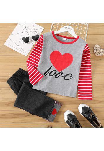 2-piece Kid Girl Letter Heart Print Striped Long-sleeve Tee and Denim Jeans Set