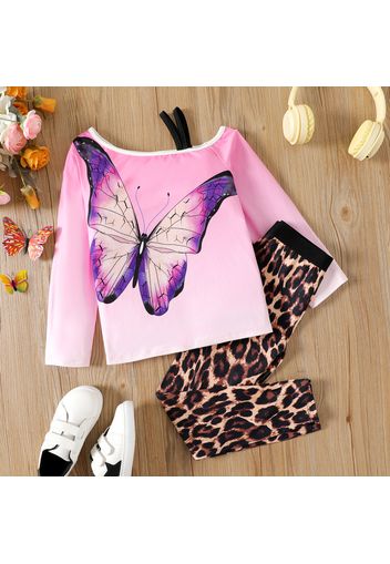 2pcs Kid Girl Butterfly Print One Shoulder Long-sleeve Tee and Leopard/Letter Print Leggings Set