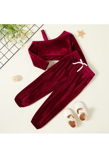 2-piece Toddler Girl One Shoulder Solid Strap Long-sleeve Top and Bowknot Elasticized Pants Velvet Set