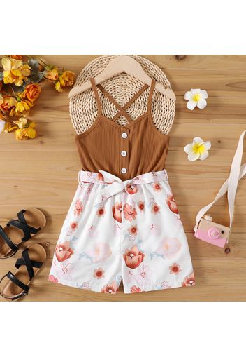 Kid Girl Floral Print Ribbed Button Design Belted Cami Rompers