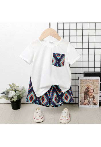 2pcs Toddler Boy Boho Pocket Design Short-sleeve White Tee and Allover Print Shorts Set