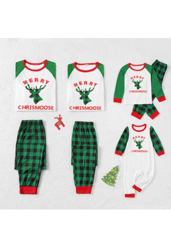 Christmas Green Plaid Deer and Letter Print Family Matching Raglan Long-sleeve Pajamas Sets (Flame Resistant)