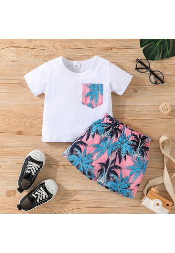 2pcs Baby Boy 95% Cotton Short-sleeve Tee and Allover Tropical Print Shorts Set