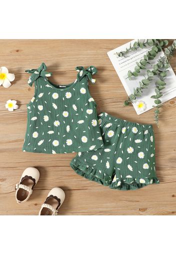 2pcs Toddler Girl Floral Print Bowknot Design Green Tank Top and Ruffled Shorts Set