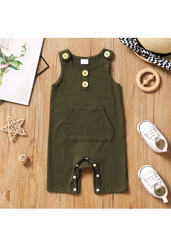 Baby Boy/Girl Button Design Solid Ribbed Sleeveless Jumpsuit with Pocket