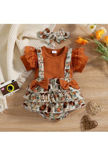 3pcs Baby Girl Solid Lace Short-sleeve Top and Floral Print Corduroy Layered Ruffle Suspender Shorts with Headband Set