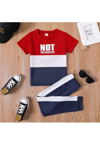 2-piece Kid Boy Letter Print Colorblock Tee and Elasticized Pants Sporty Set