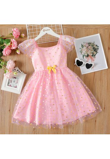 Kid Girl Polka dots Bowknot Design Mesh Short-sleeve Pink Dress