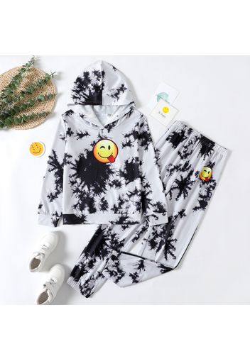 2-piece Kid Girl Face Emojis Print Tie Dye Hoodie Sweatshirt and Pants Casual Set