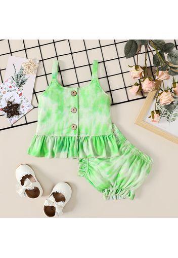 2pcs Baby Girl Tie Dye Button Up Sleeveless Ribbed Ruffle Tank Top and Shorts Set