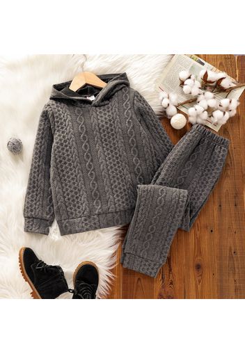 2pcs Kid Boy Solid Color Cable Knit Textured Hoodie Sweatshirt and Pants Set