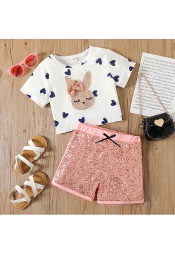 2pcs Kid Girl Heart Print Rabbit Sequined Short-sleeve Tee and Pink Shorts Set