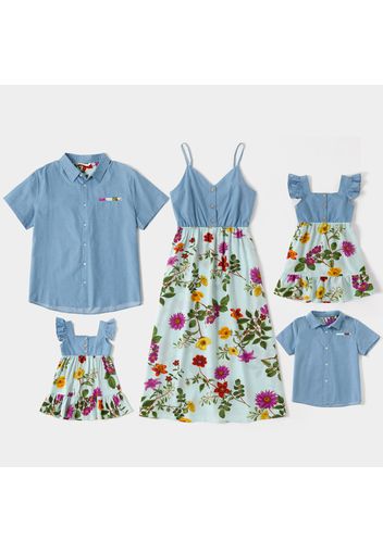 Denim Floral Print Family Matching Sets(Sling Dresses for Mom and Girl ; Short Sleeve Front Button Shirts for Dad and Boy)