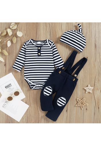 Baby 3pcs Ribbed Stripe Print Long-sleeve Romper and Waffle Overalls Set