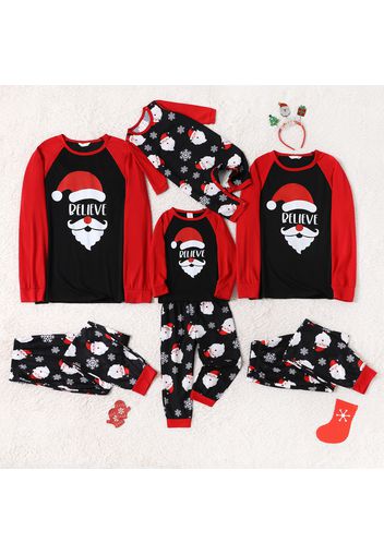 Christmas Santa and Letter Print Black Family Matching Raglan Long-sleeve Pajamas Sets (Flame Resistant)