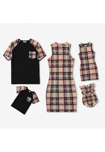 Family Matching Plaid Sleeveless Bodycon Dresses and Raglan-sleeve T-shirts Sets