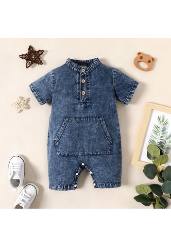 100% Cotton Baby Boy Blue Denim Button Up Short-sleeve Romper with Pocket