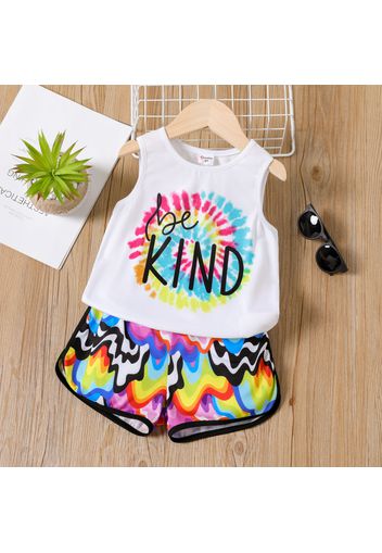 2pcs Toddler Boy Letter Print Tie Dyed Tank Top and Allover Print Shorts Set