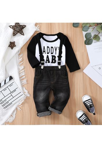 2pcs Baby Boy 95% Cotton Raglan-sleeve Letter Print Romper and Suspender Denim Pants Jeans Set