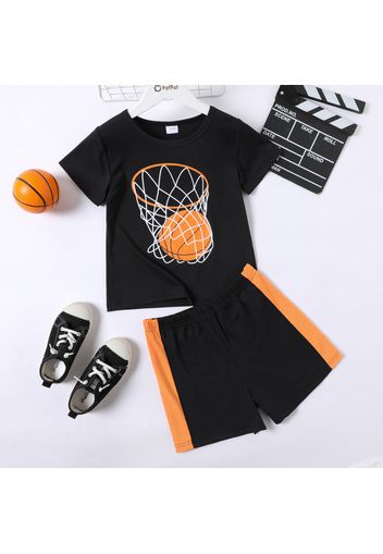 2-piece Kid Boy Basketball/Football Print Short-sleeve Tee and Elasticized Shorts Set