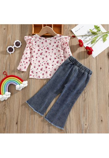 2pcs Floral Print Ruffle Long-sleeve Ribbed Top and Bell Bottom Denim Jeans Set