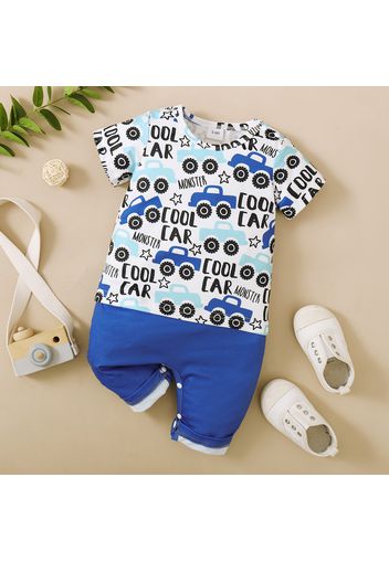 Baby Boy All Over Cartoon Car and Letter Print Short-sleeve Colorblock Jumpsuit