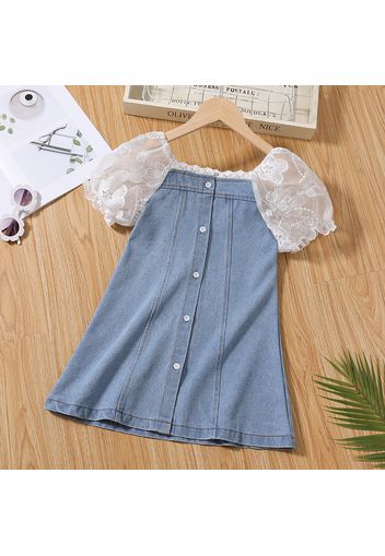 Toddler Girl Lace Denim Splice Button Design Short-sleeve Dress