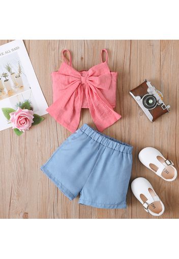 2pcs Baby Girl Solid Spaghetti Strap Bowknot Top and Shorts Set