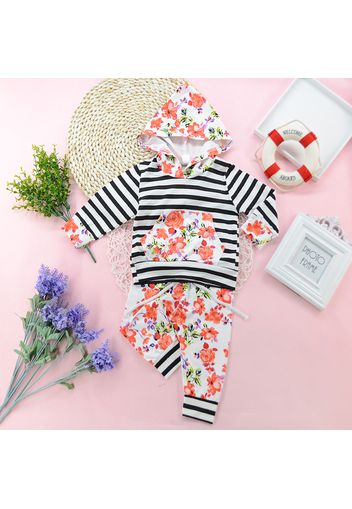 2pcs Baby Floral Print Splicing Striped Long-sleeve Cotton Hoodie and Trousers Set