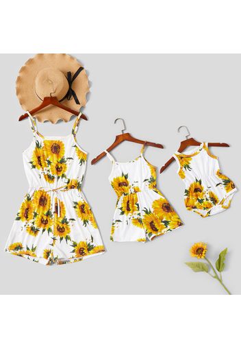 Sunflower and Daisy Print Matching Black Sling Shorts Rompers