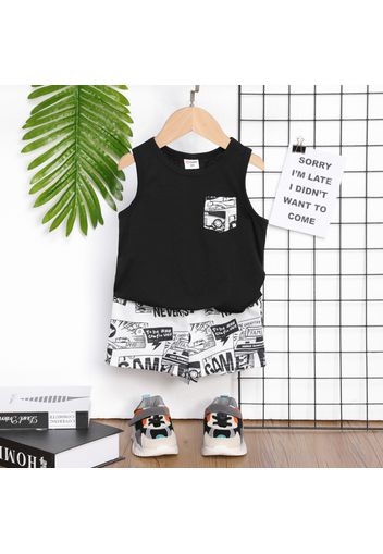 2pcs Toddler Boy Pocket Design Sleeveless Black Tee and Allover Print Shorts Set