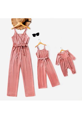 Pink Velvet V Neck Sleeveless Cami Belted Jumpsuit for Mom and Me