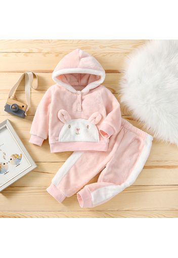 Baby 2pcs Cartoon Rabbit 3D Ear Pink Long-sleeve Fleece Hoodie and Trouser Set