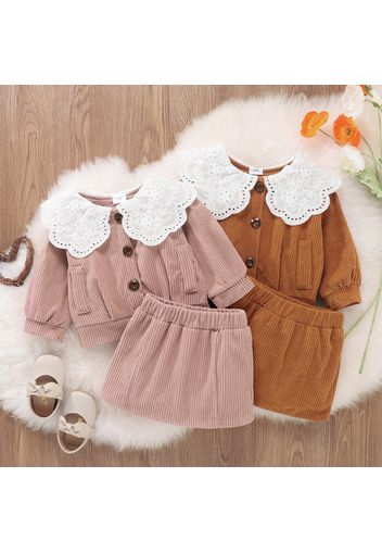 2pcs Solid Doll Collar Corduroy Long-sleeve Baby Set