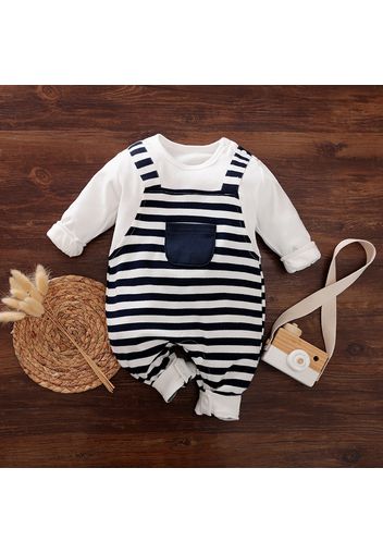 100% Cotton Stripe Print Long-sleeve Baby Navy White Jumpsuit