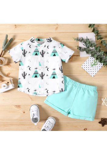 2pcs Baby Boy All Over Cactus Print Short-sleeve Shirt and 100% Cotton Solid Shorts Set