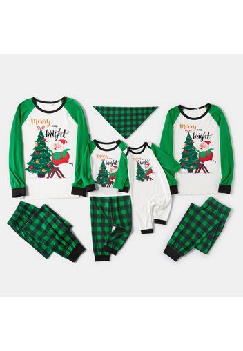 Christmas Tree and Santa Print Green Plaid Family Matching Long-sleeve Pajamas Sets (Flame Resistant)
