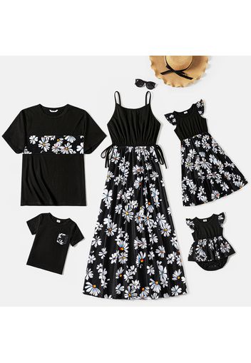 Family Matching Black Spaghetti Strap Splicing Allover Daisy Floral Print Dresses and Short-sleeve Cotton T-shirts Sets