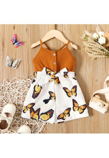 Toddler Girl Butterfly Print Button Design Splice Belted Cami Romper