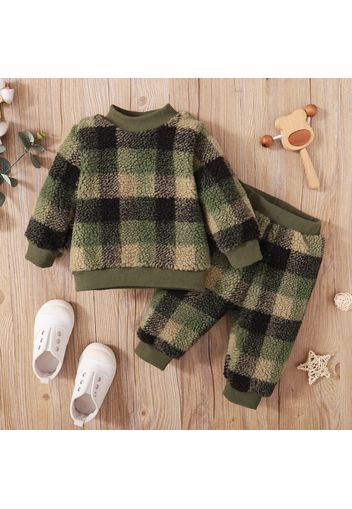 2-piece Baby Boy Plaid Fuzzy Flocked Sweatshirt and Pants Set