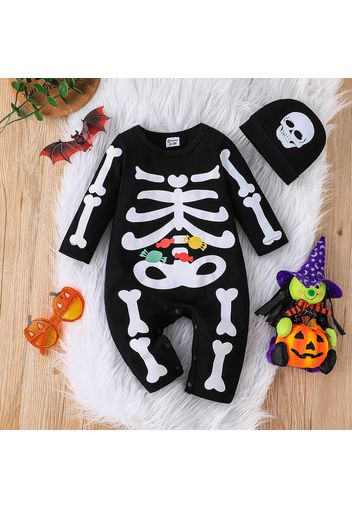 Halloween 2pcs Baby Boy 95% Cotton Long-sleeve Skeleton Print Jumpsuit with Hat Set