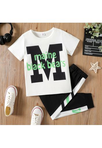 2pcs Kid Boy Letter Print Short-sleeve Tee and Striped Colorblock Pants Set