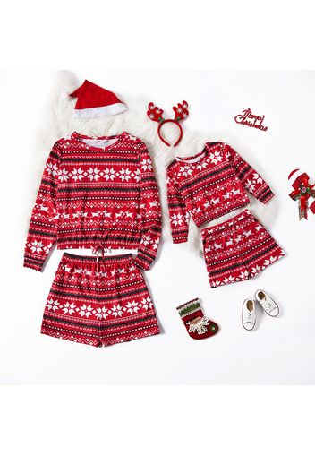 Christmas All Over Reindeer Print Long-sleeve Sweatshirts and Shorts Sets for Mom and Me